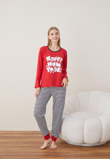 Pijama Dama Craciun "HAPPY NEW YEAR " ,maneca lunga ,pantaloni lungi,Engros